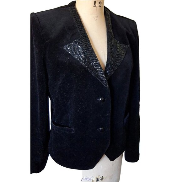 Vintage blazer jacket velvet & sequin beaded collar, elegant formal holidays M - Picture 3 of 13